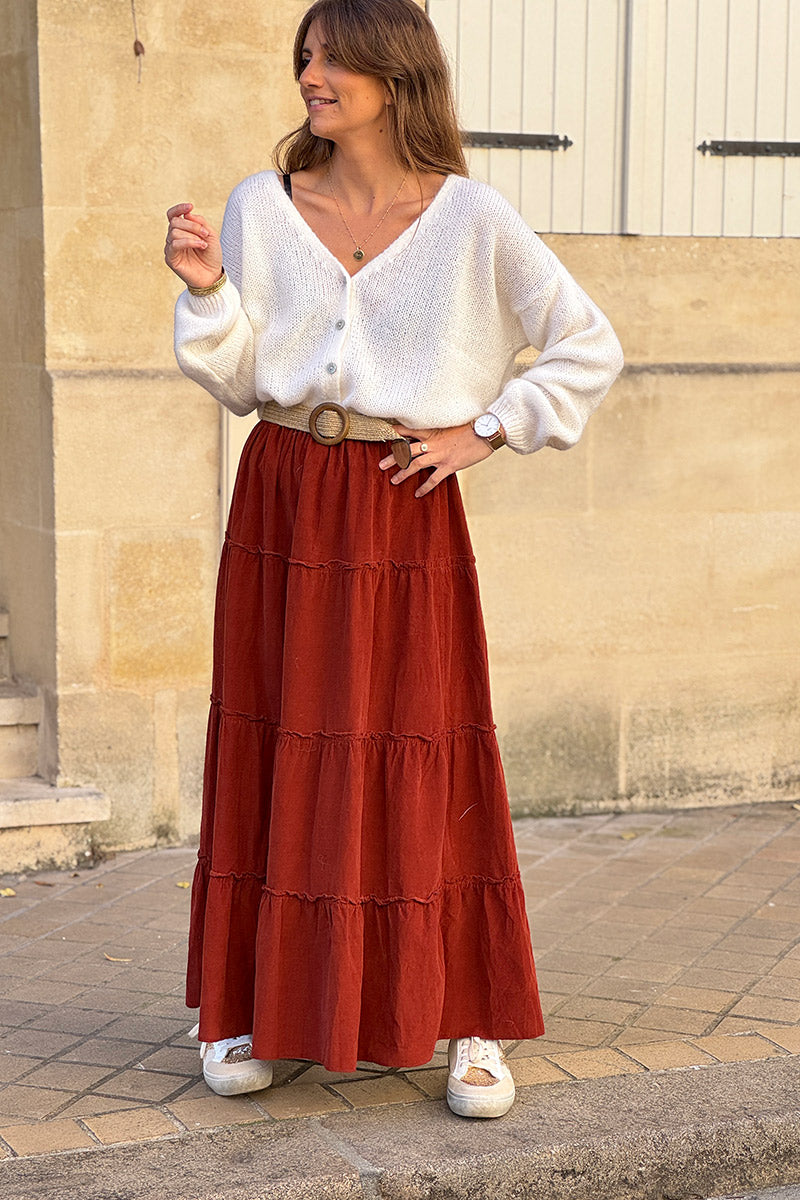 Jupe longue terracotta en velours côtelé fin ceinture élastique