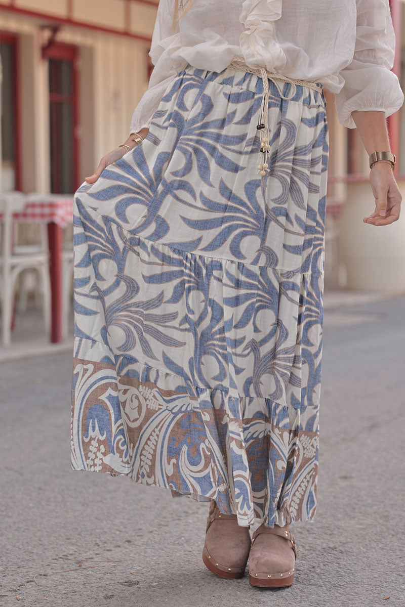 Blue Tropical Foliage Maxi Skirt
