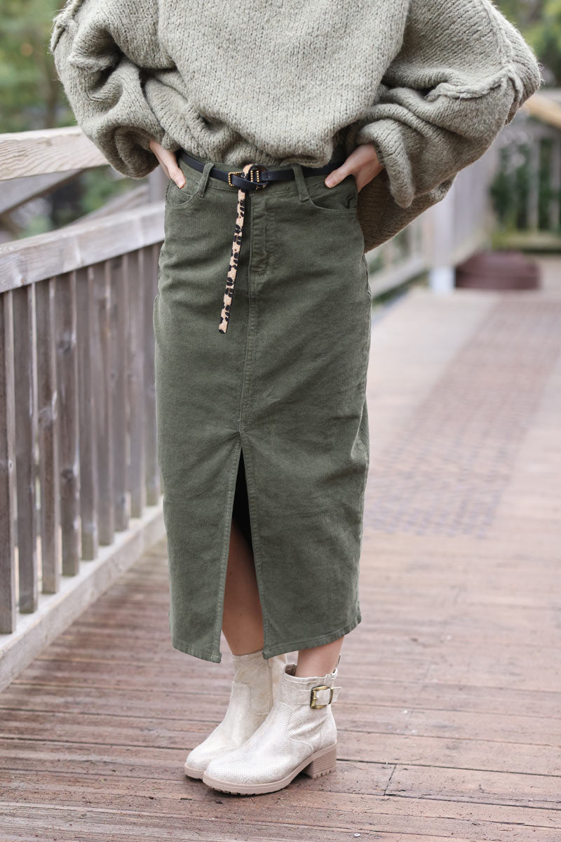 Corduroy midi skirt in khaki with faux leather belt