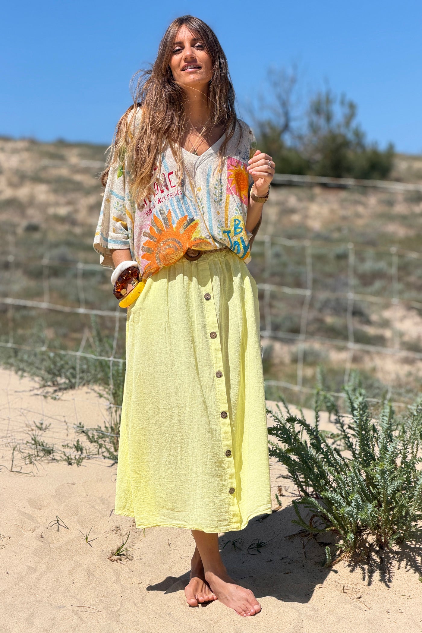 Jupe midi jaune en coton faux boutons bois et taille élastique