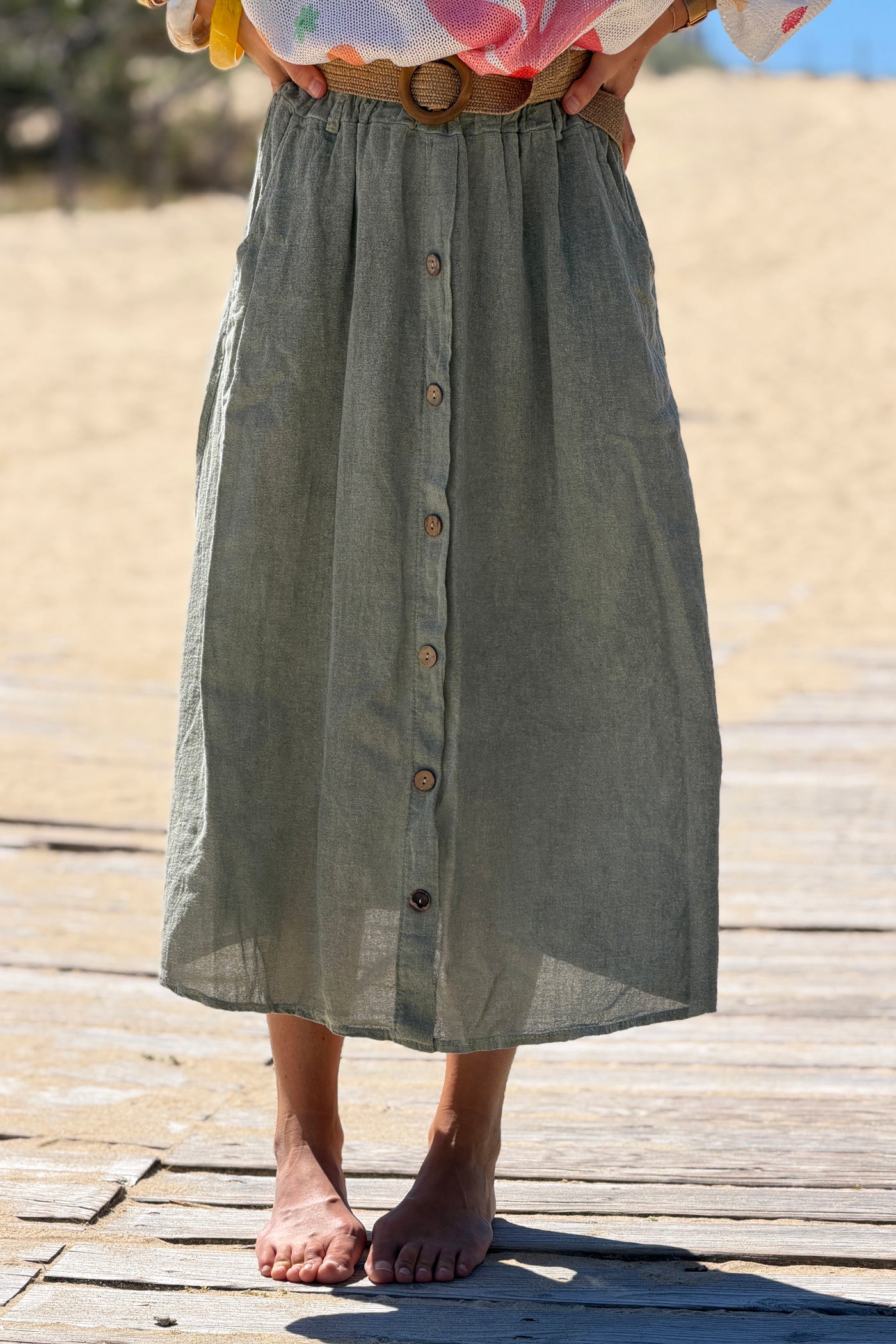 Sage Button-Front Woven Skirt