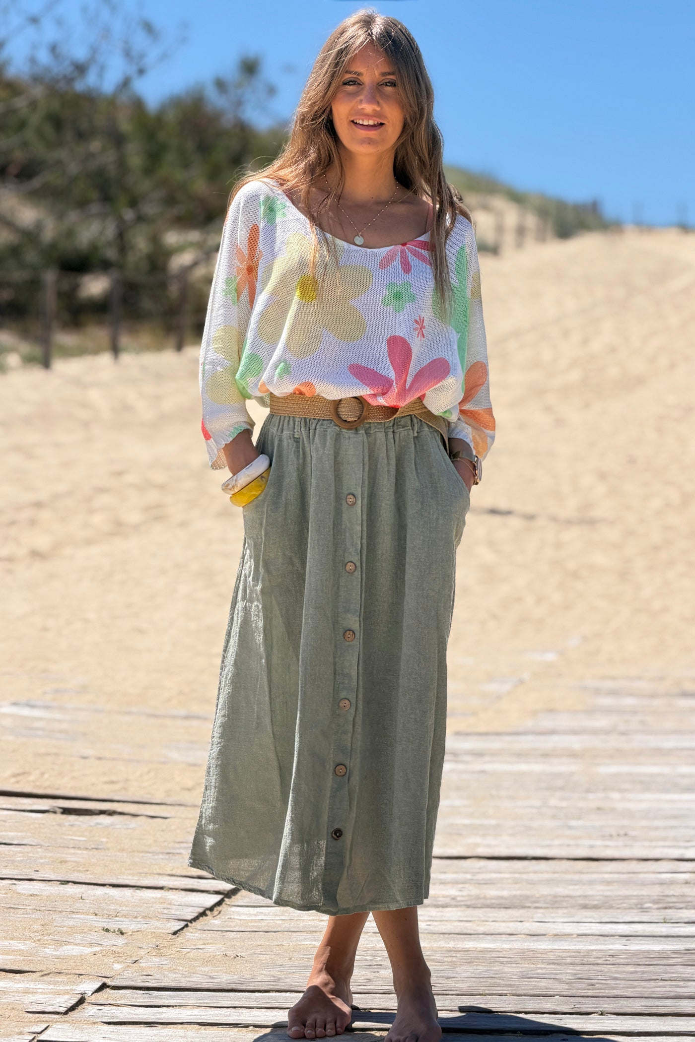 Sage Button-Front Woven Skirt