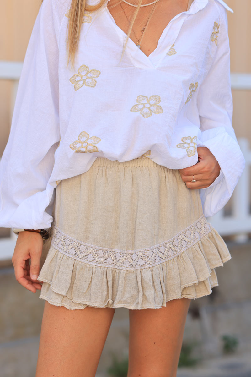 Beige linen woven skort with lace detail