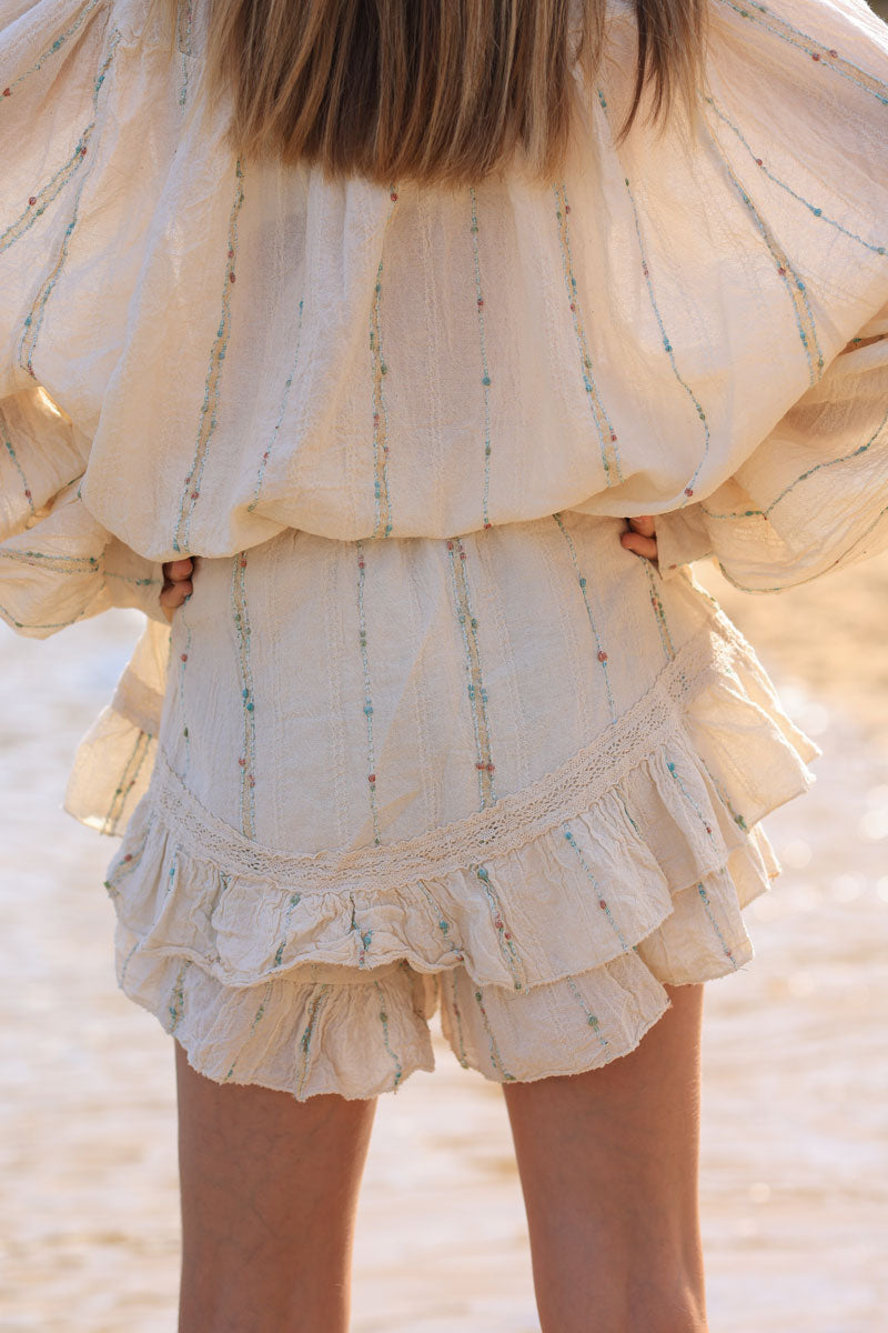 Beige layered frill woven cotton skort with metallic and colored threads