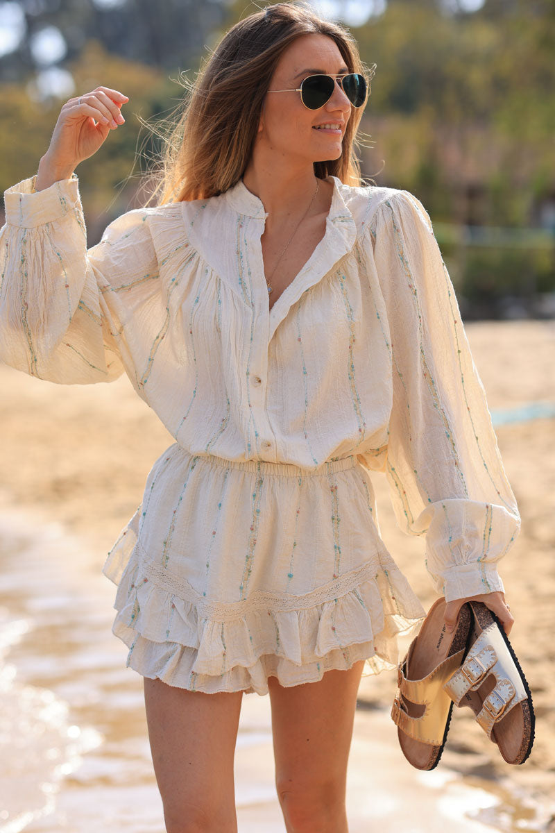 Beige layered frill woven cotton skort with metallic and colored threads