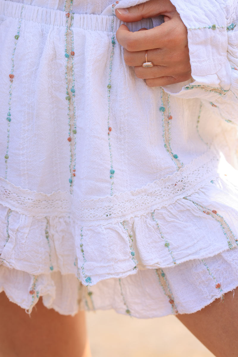 White layered frill woven cotton skort with metallic and colored threads