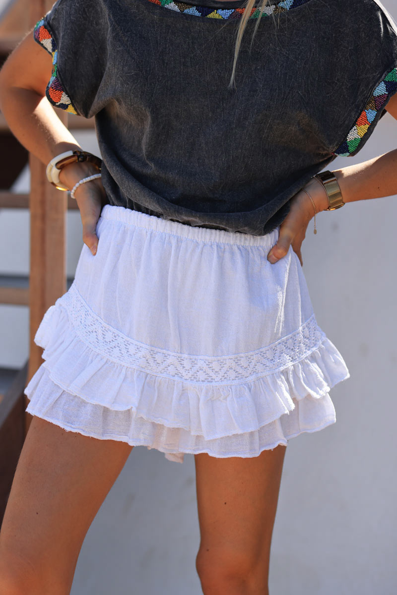 Jupe short blanc en coton effet piqué ruban broderie