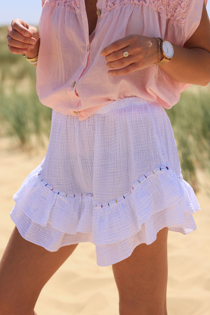White layered frill cotton skort with colored threads