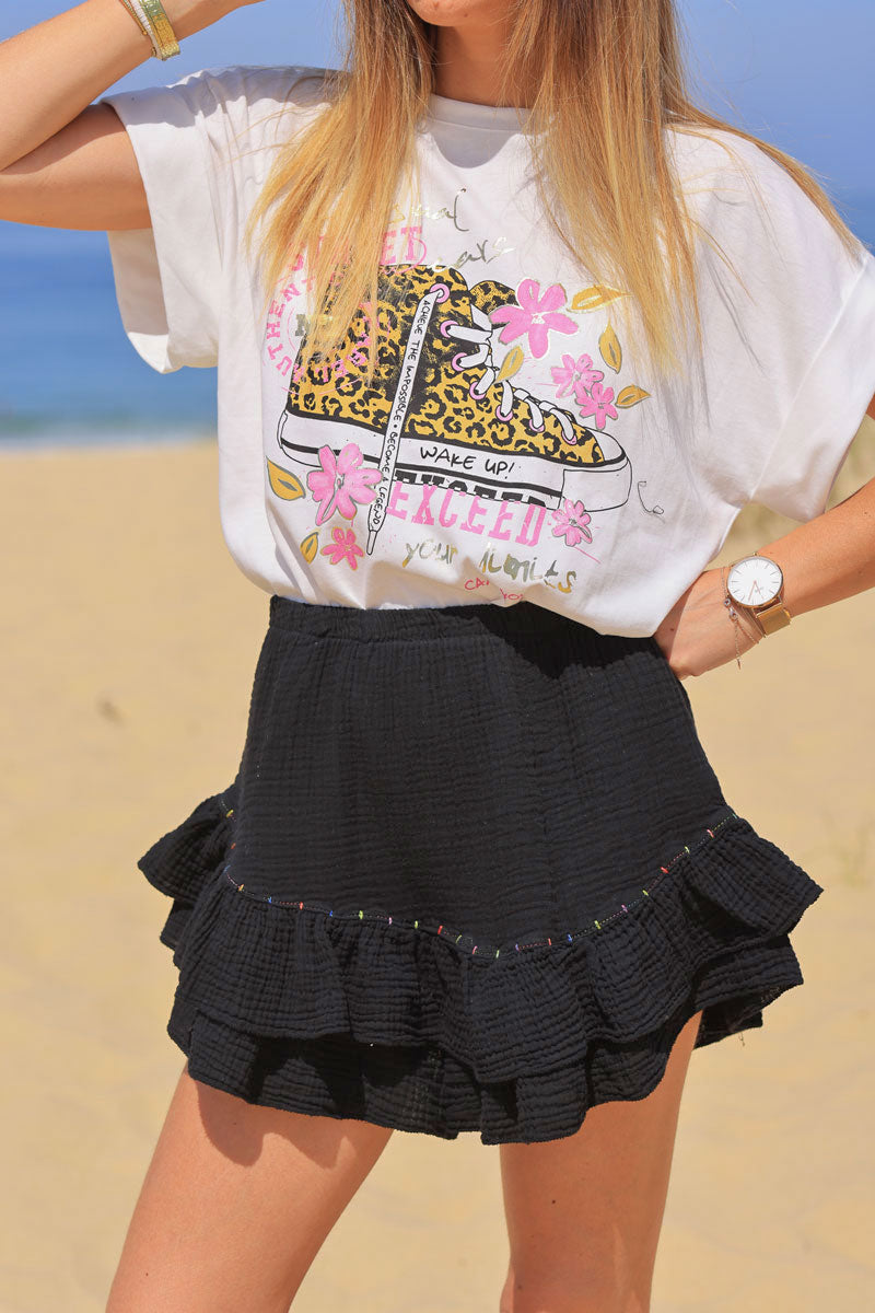 Black layered frill cotton skort with colored threads