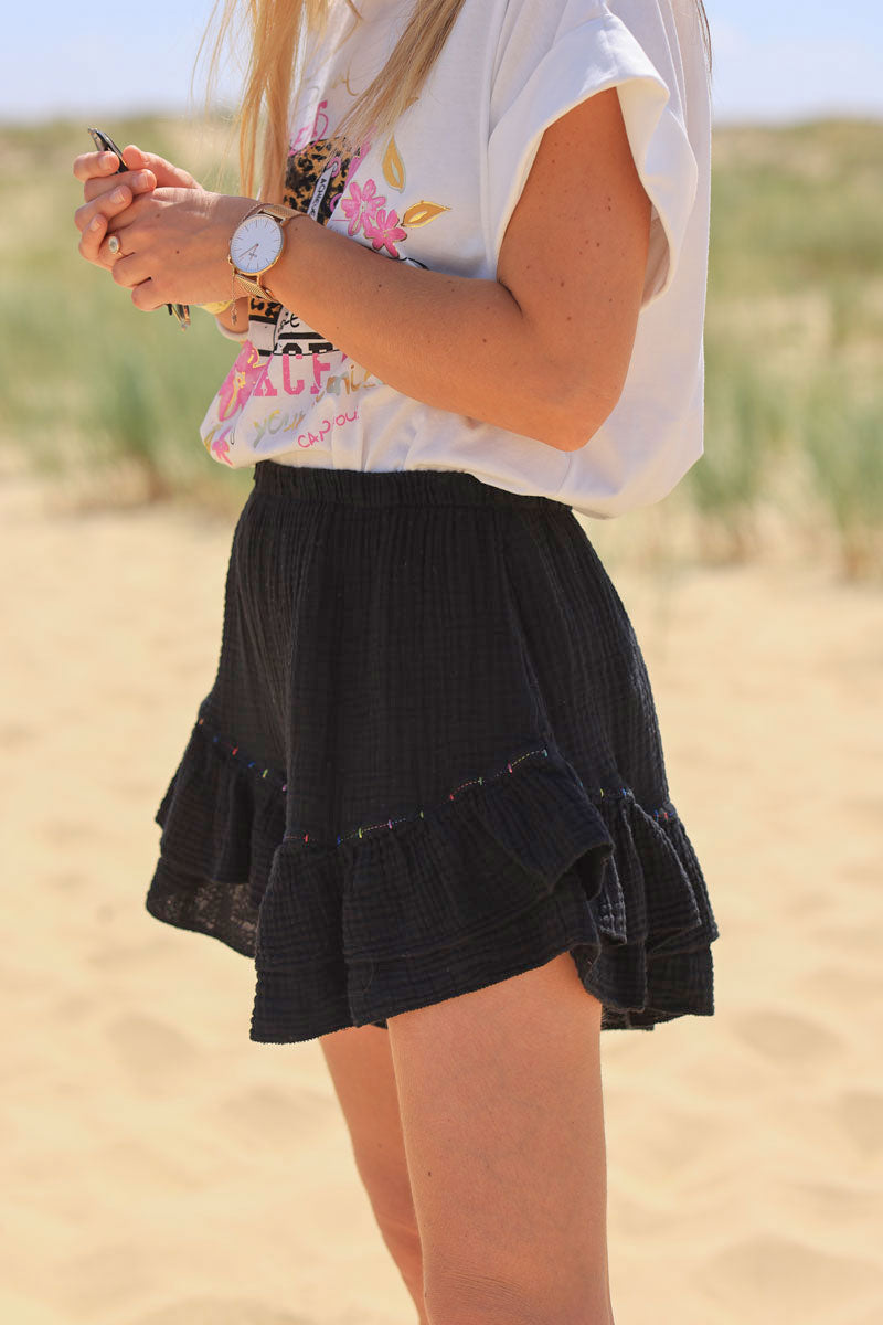 Black layered frill cotton skort with colored threads