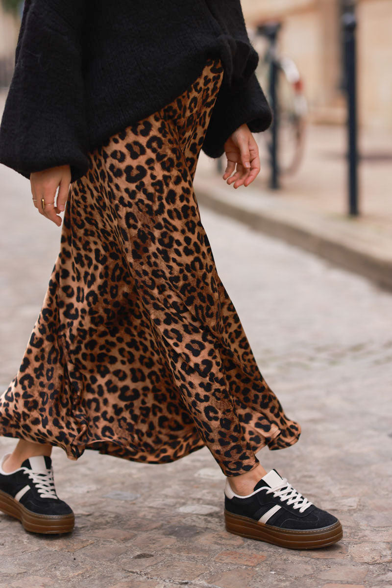 Leopard Print Sateen Maxi Skirt