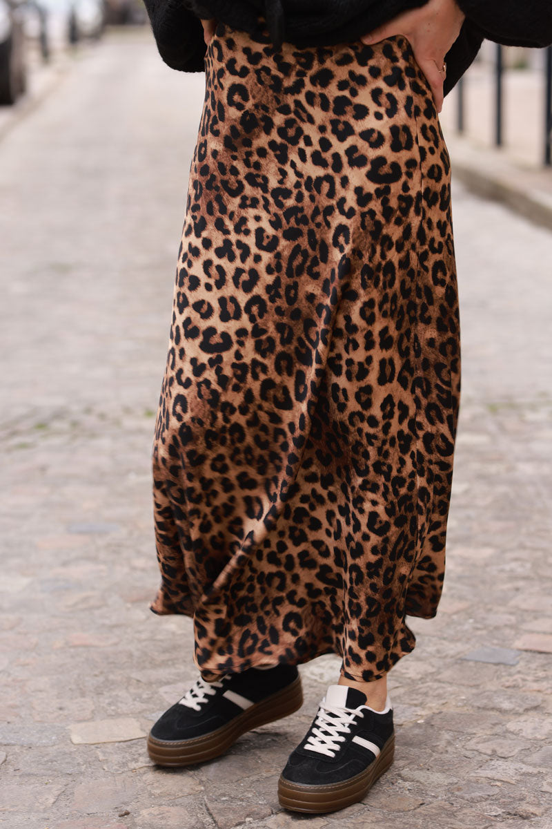 Leopard Print Sateen Maxi Skirt