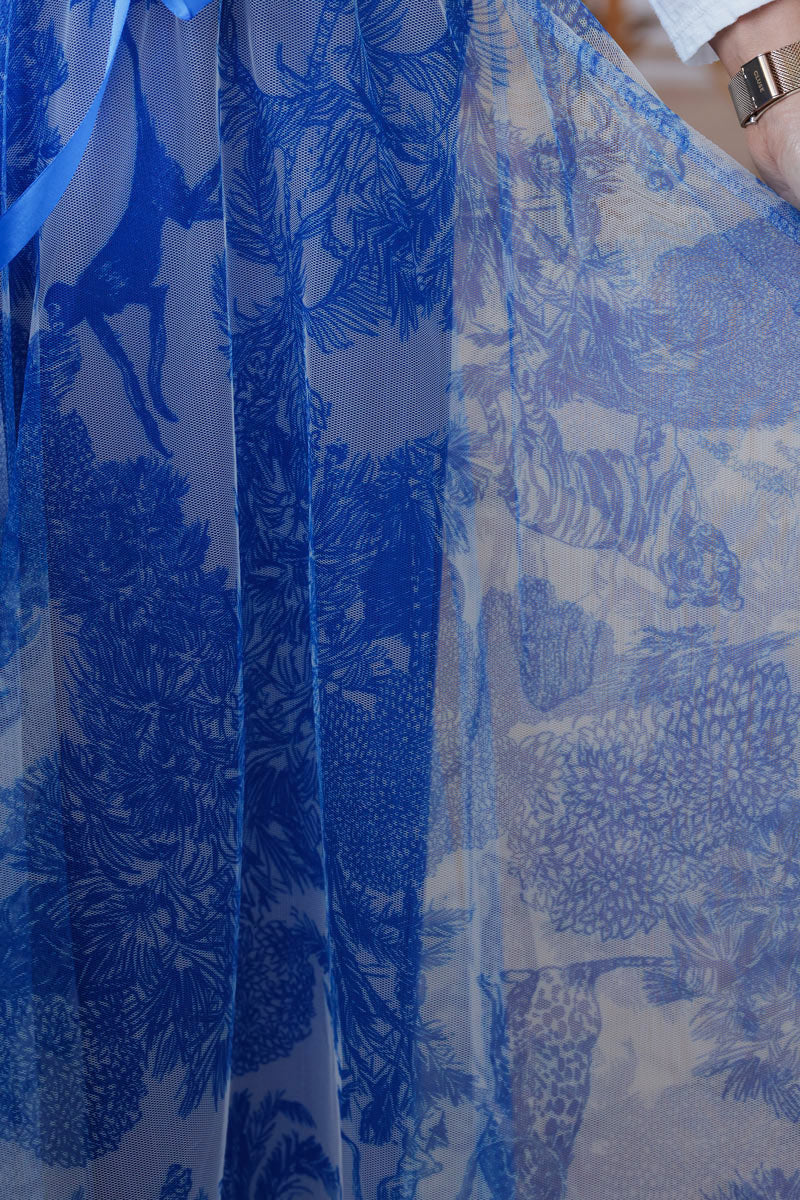 Tulle tutu style midi skirt with royal blue toile de jouy print