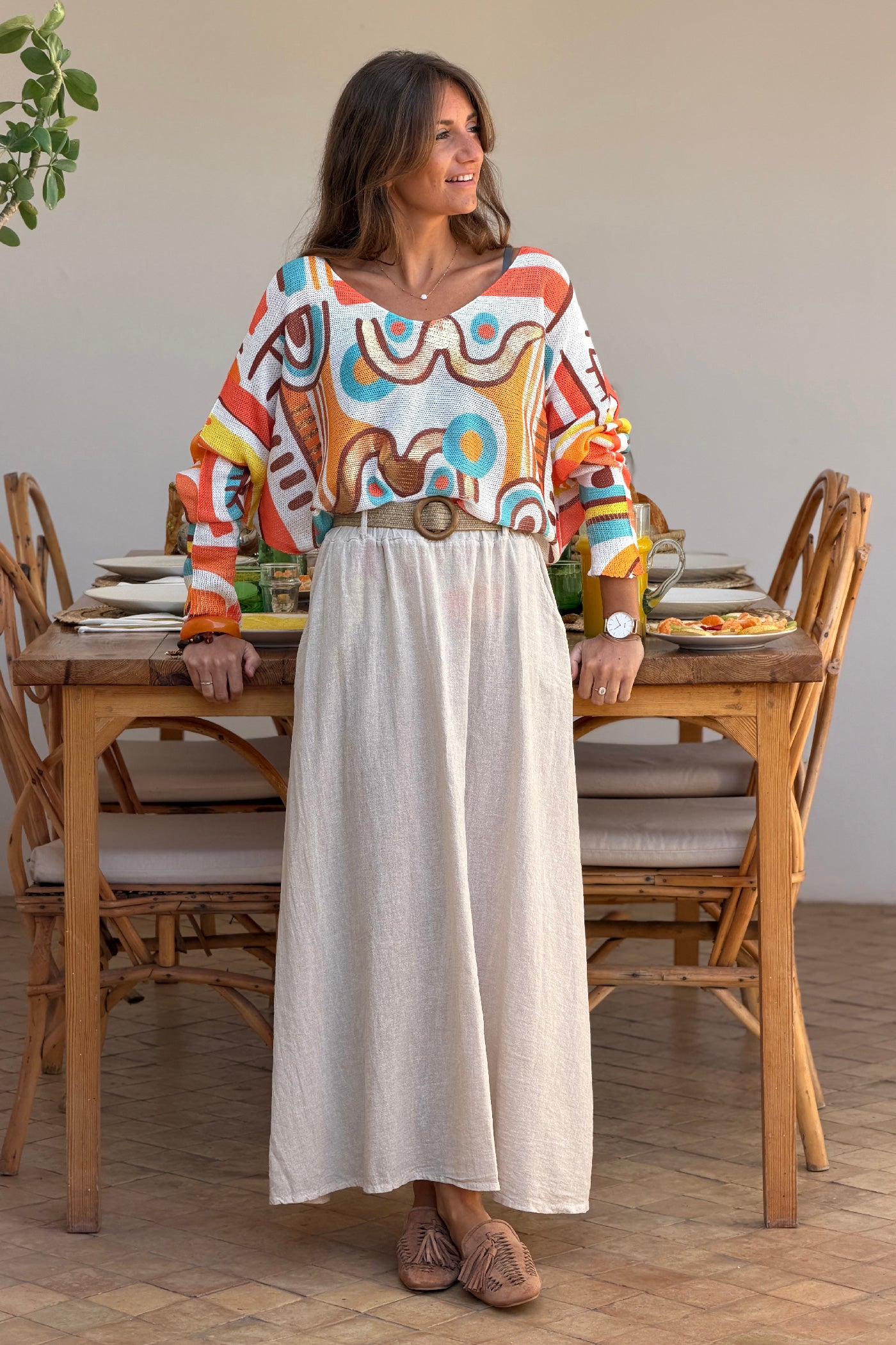 Jupe unie beige en coton avec poche et taille élastique