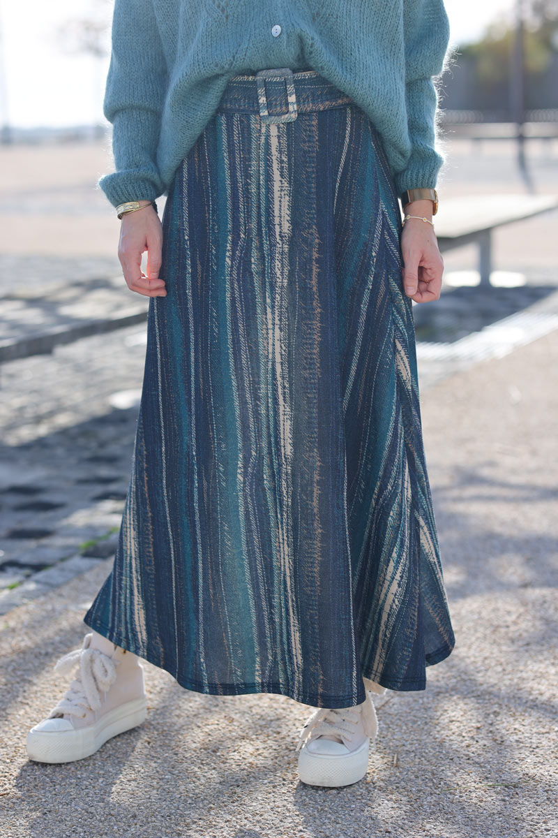Belted midi flare skirt with vertical stripes in peacock blue