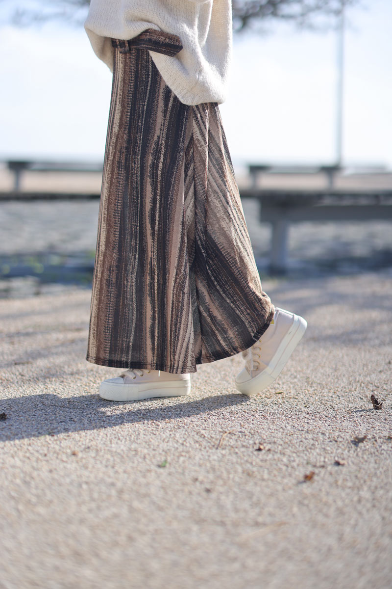 Belted midi flare skirt with vertical stripes in camel