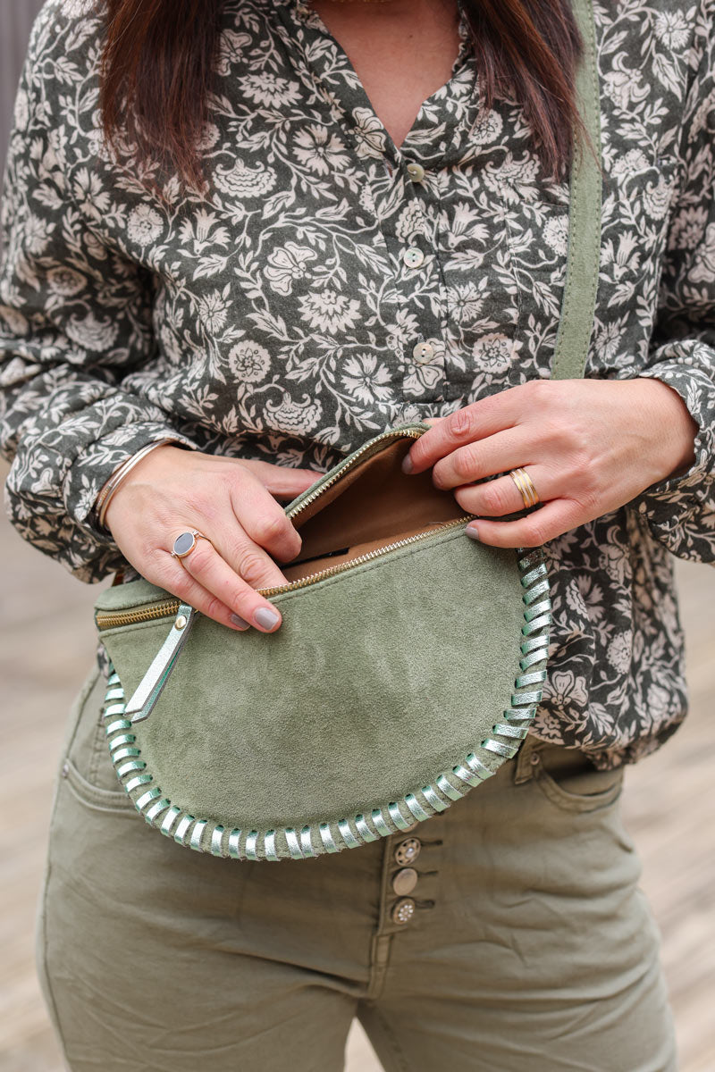 Khaki suede leather bum bag fanny pack with metallic stitching