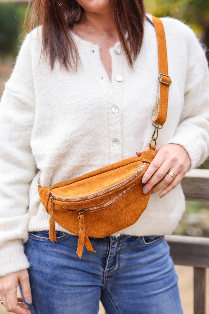 Camel suede leather bumbag fanny pack gold double zip
