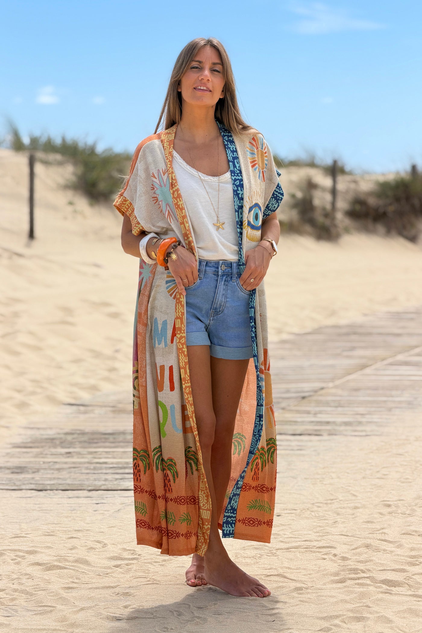 Beige “Amazing Things Are Coming” Glitter Knit Duster
