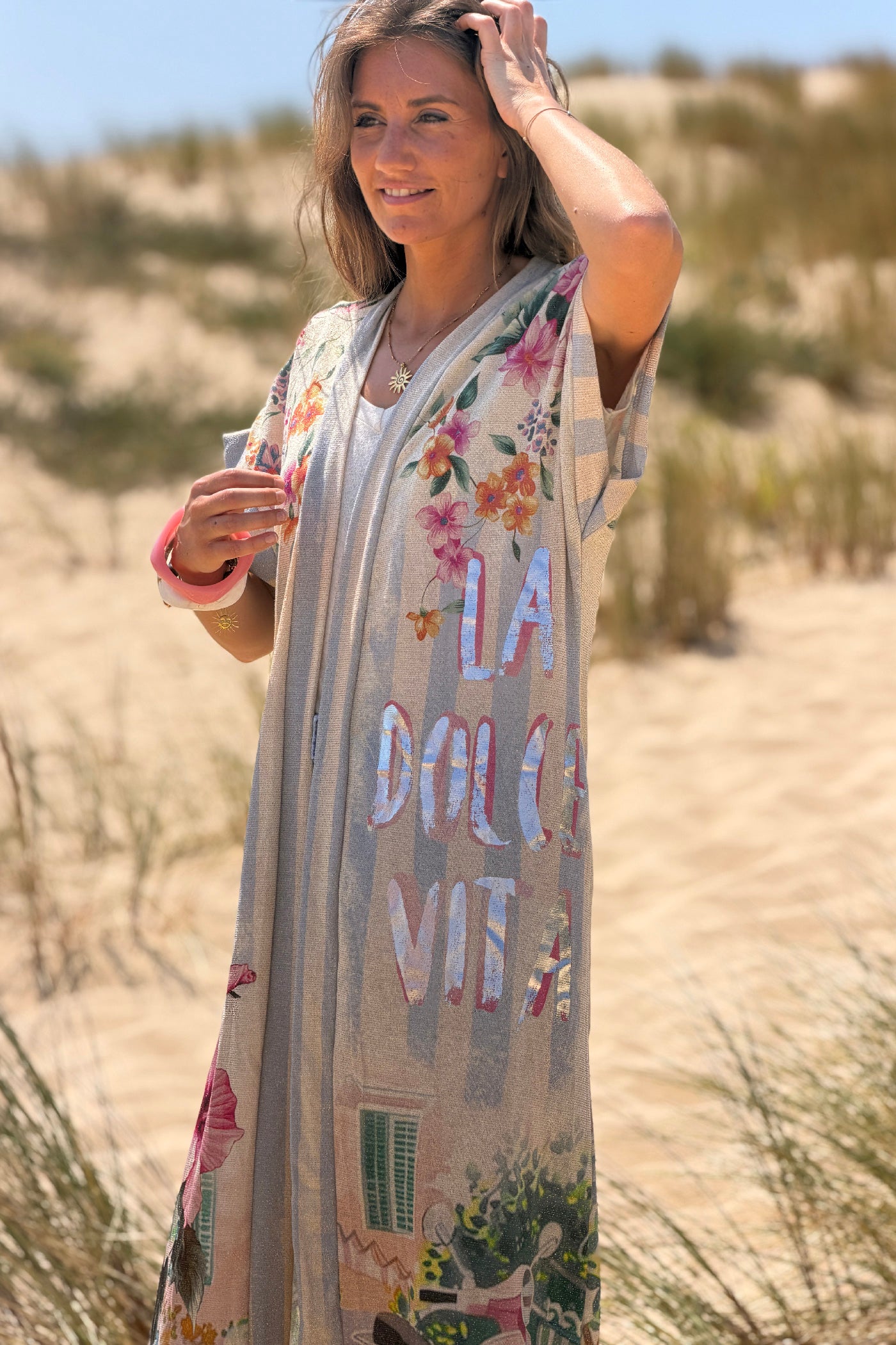 Kimono brillant lurex imprimé dolce vita rose italie et Vespa