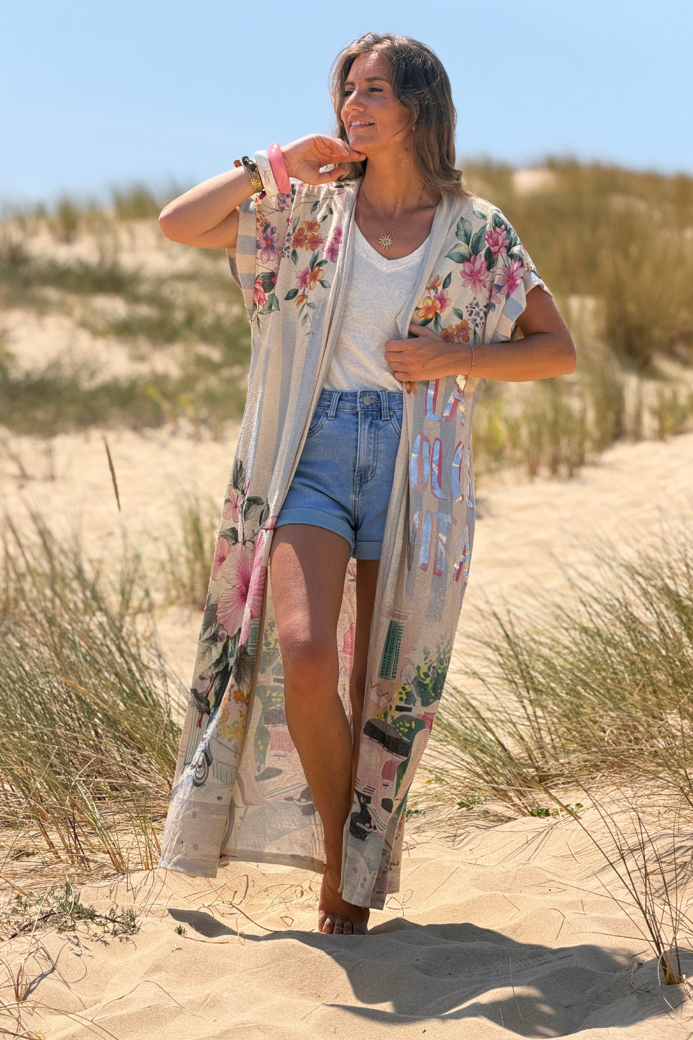 Kimono brillant lurex imprimé dolce vita rose italie et Vespa
