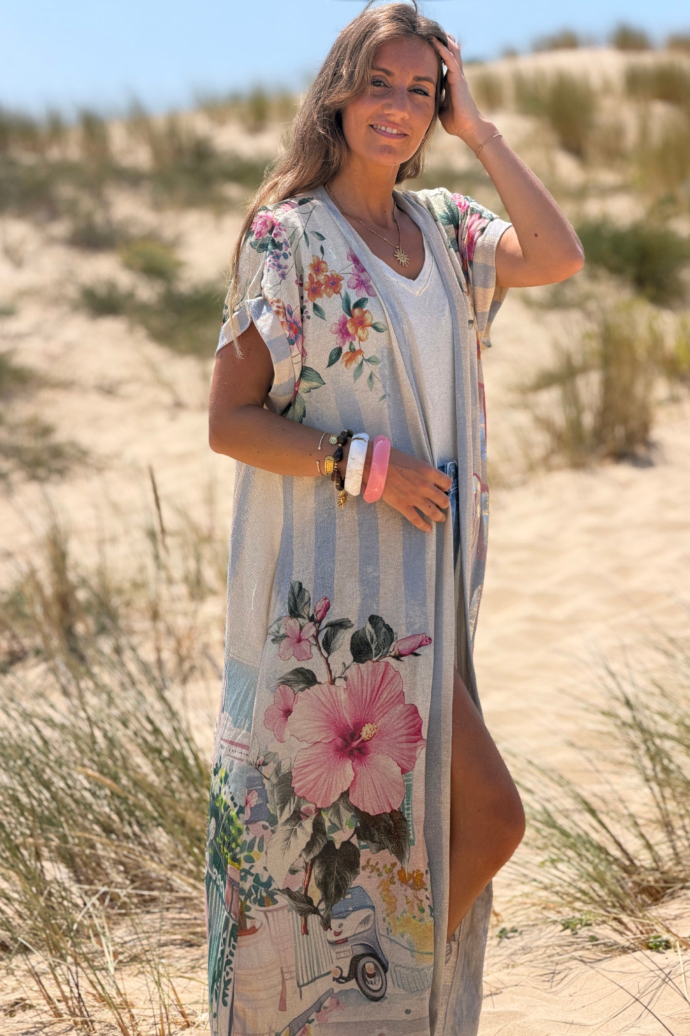 Kimono brillant lurex imprimé dolce vita rose italie et Vespa
