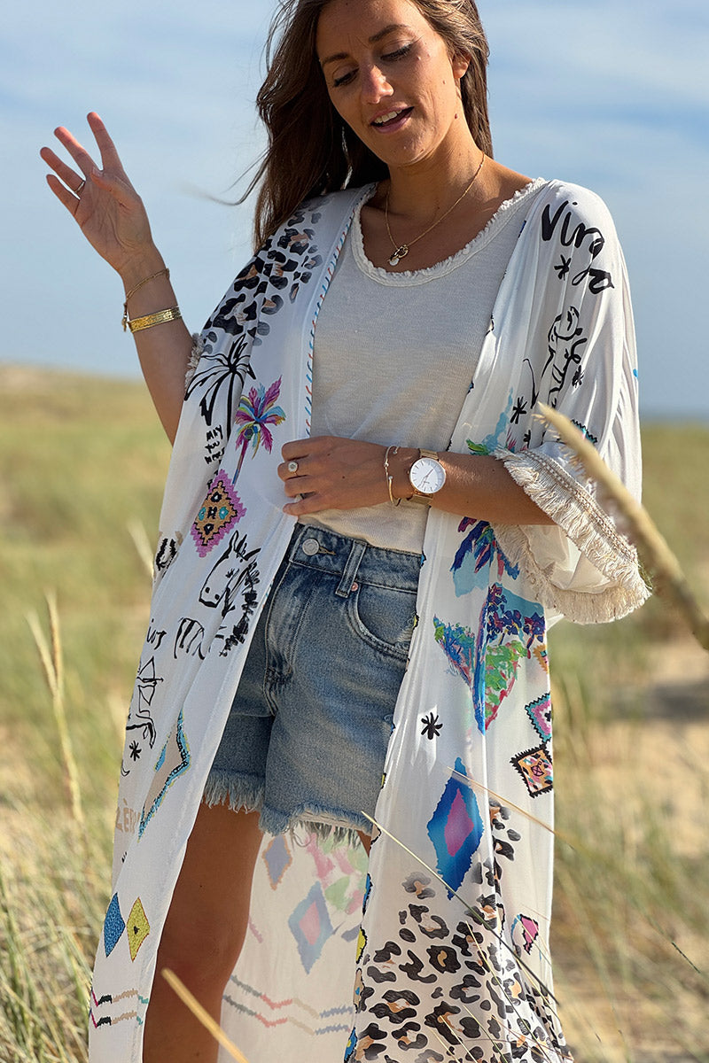 Kimono long à franges imprimé palmier léopard et astro