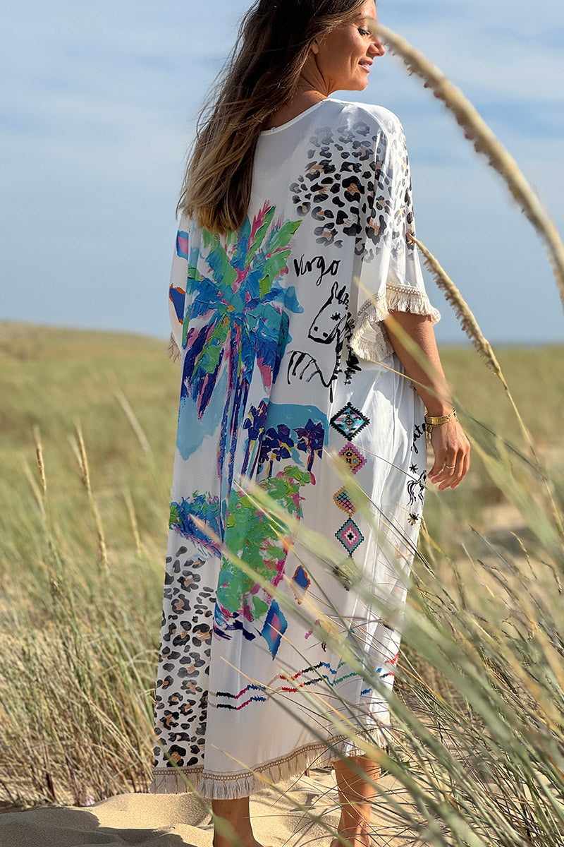 Kimono long à franges imprimé palmier léopard et astro