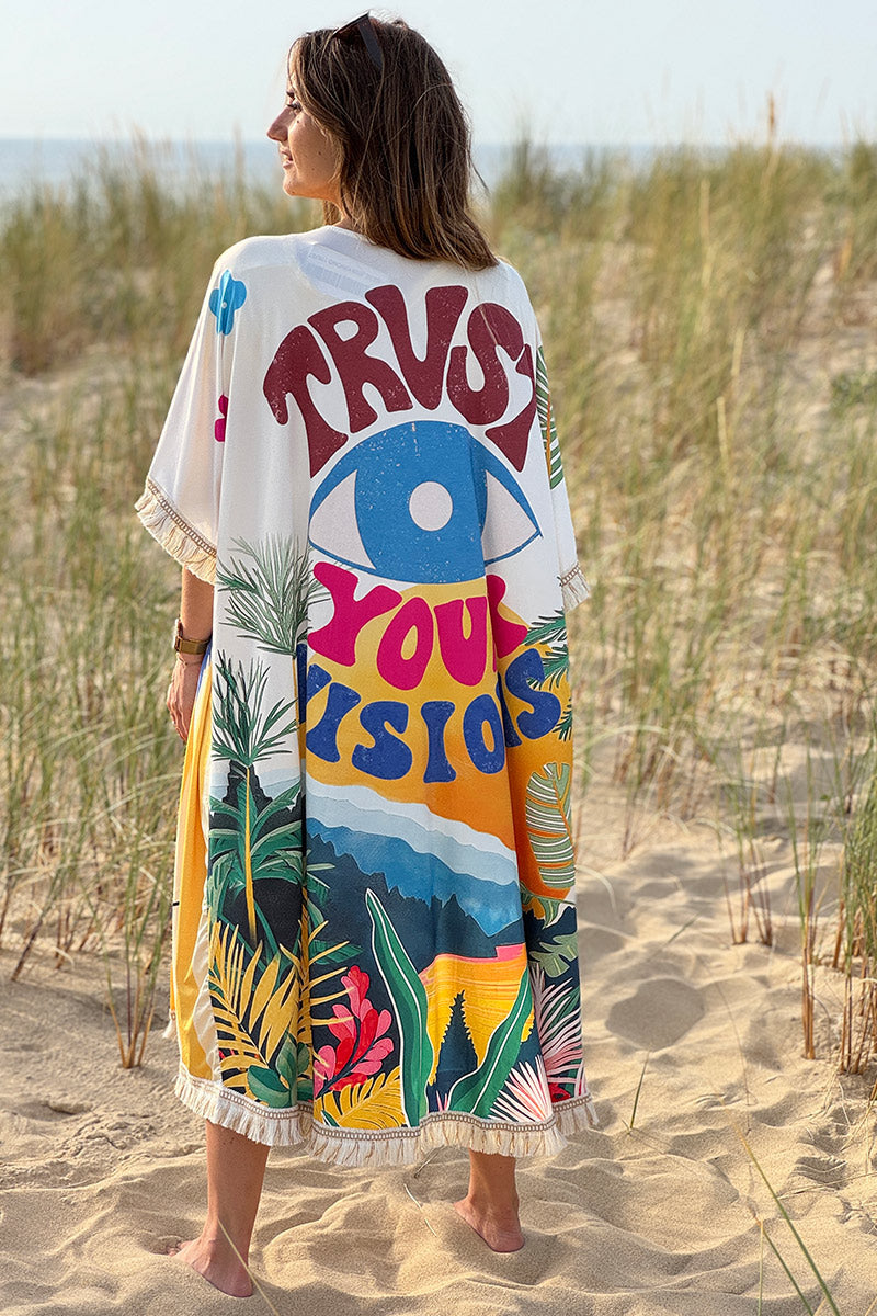 Cream “Trust Your Visions” Tropical Fringe Kimono