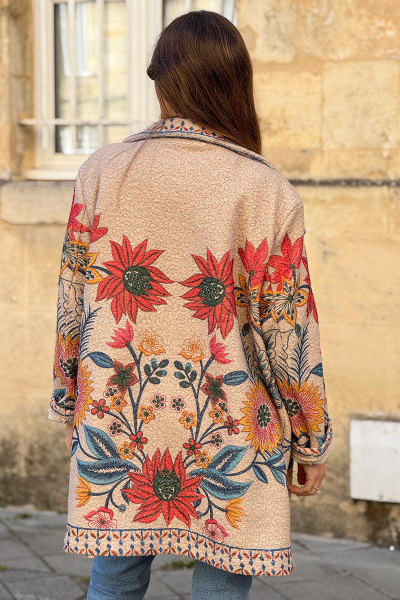 Beige Traditional Floral Sweater Jacket