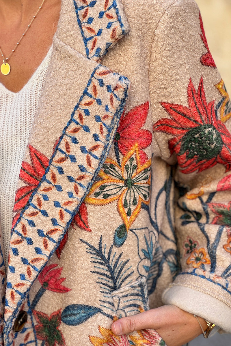 Beige Traditional Floral Sweater Jacket