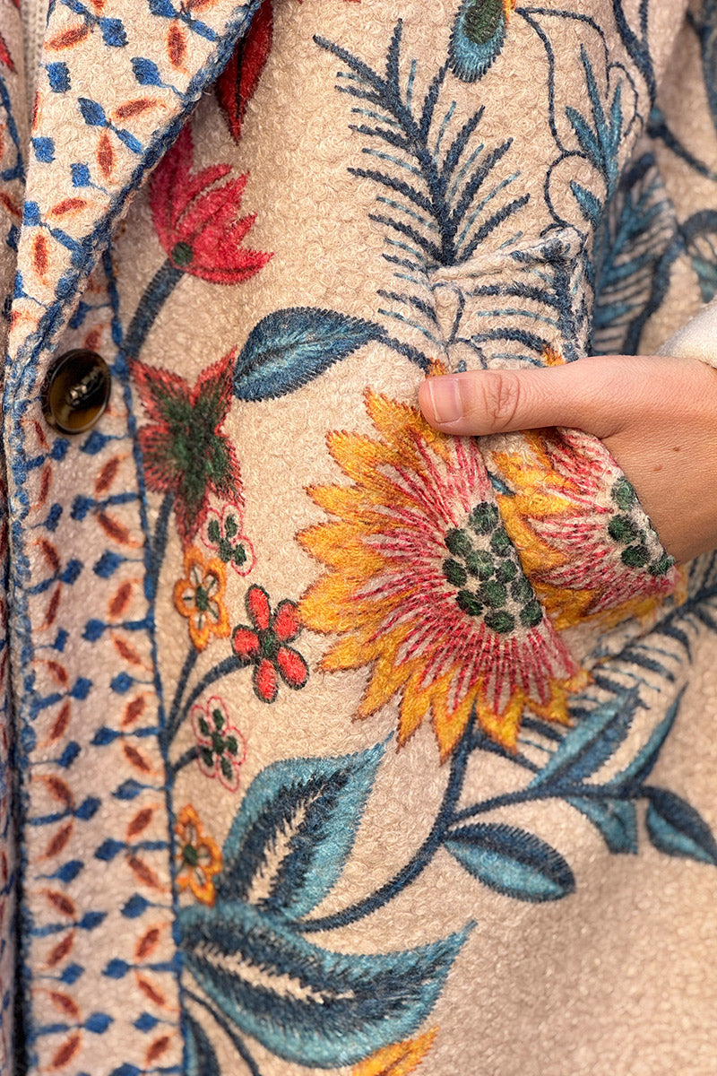 Beige Traditional Floral Sweater Jacket