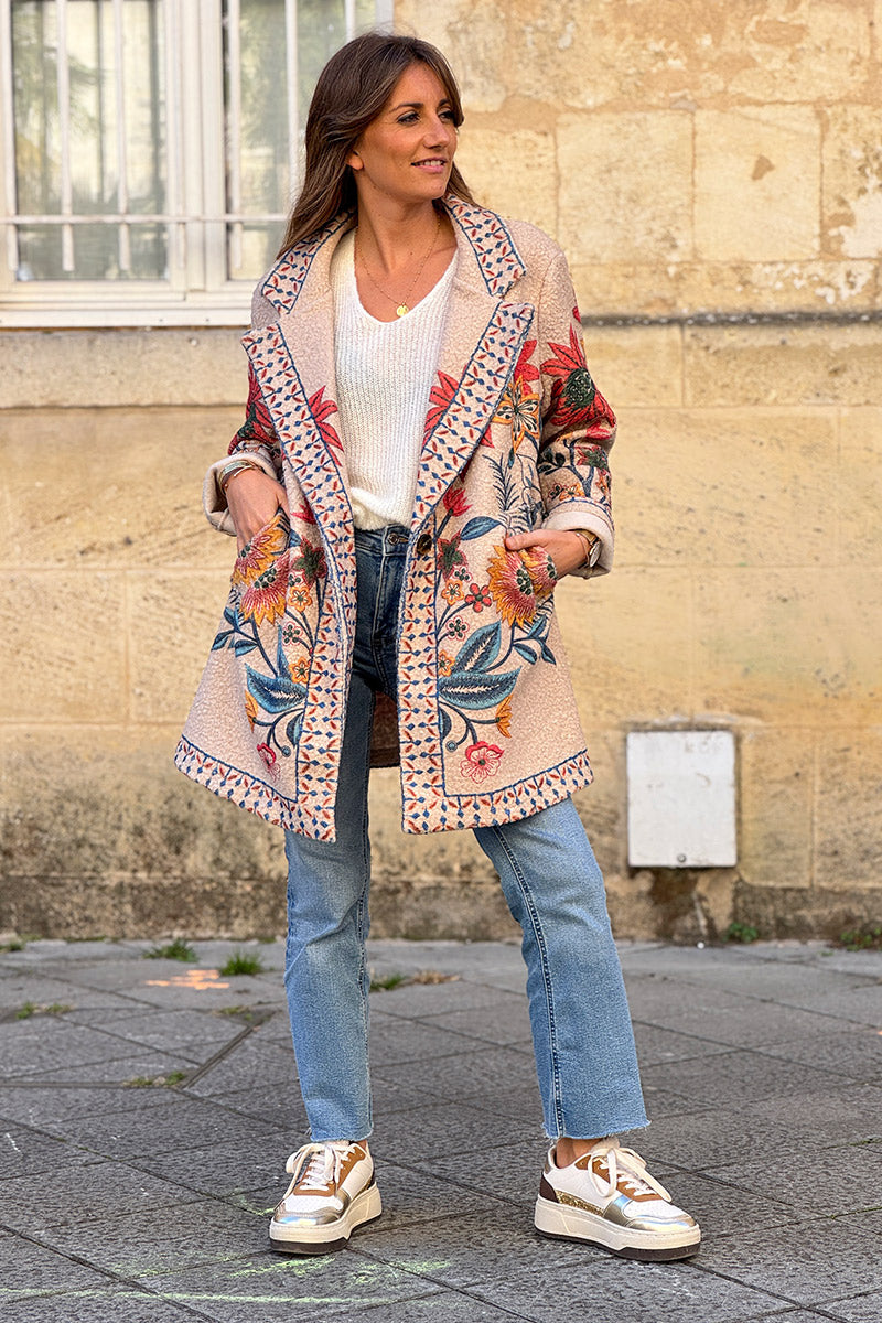 Beige Traditional Floral Sweater Jacket