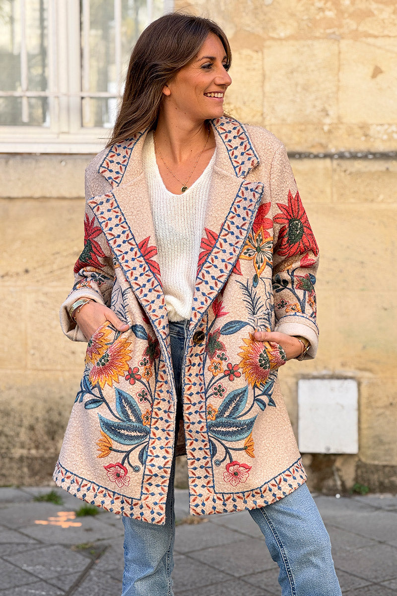Beige Traditional Floral Sweater Jacket