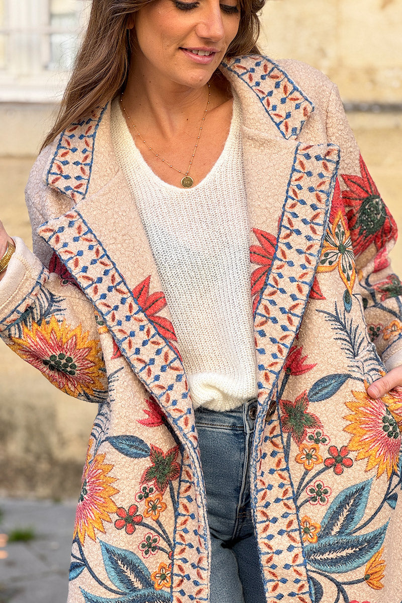Beige Traditional Floral Sweater Jacket