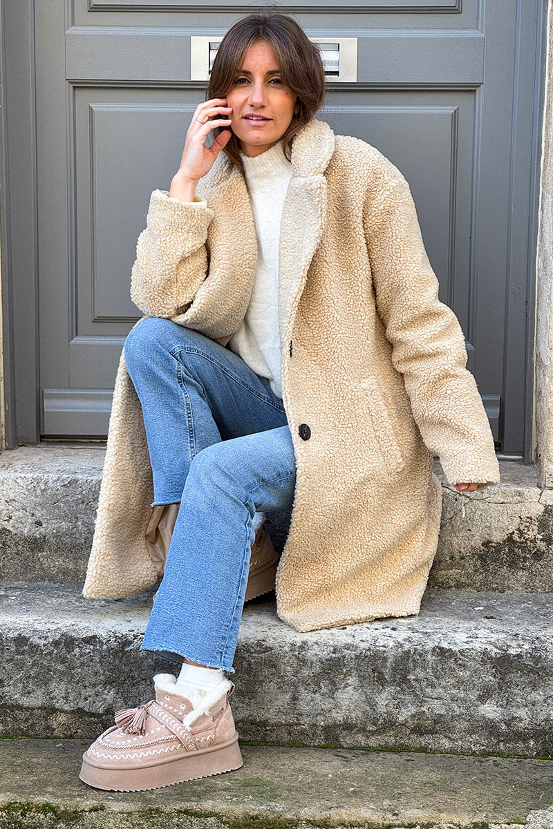 Beige Notched Collar Sherpa Coat