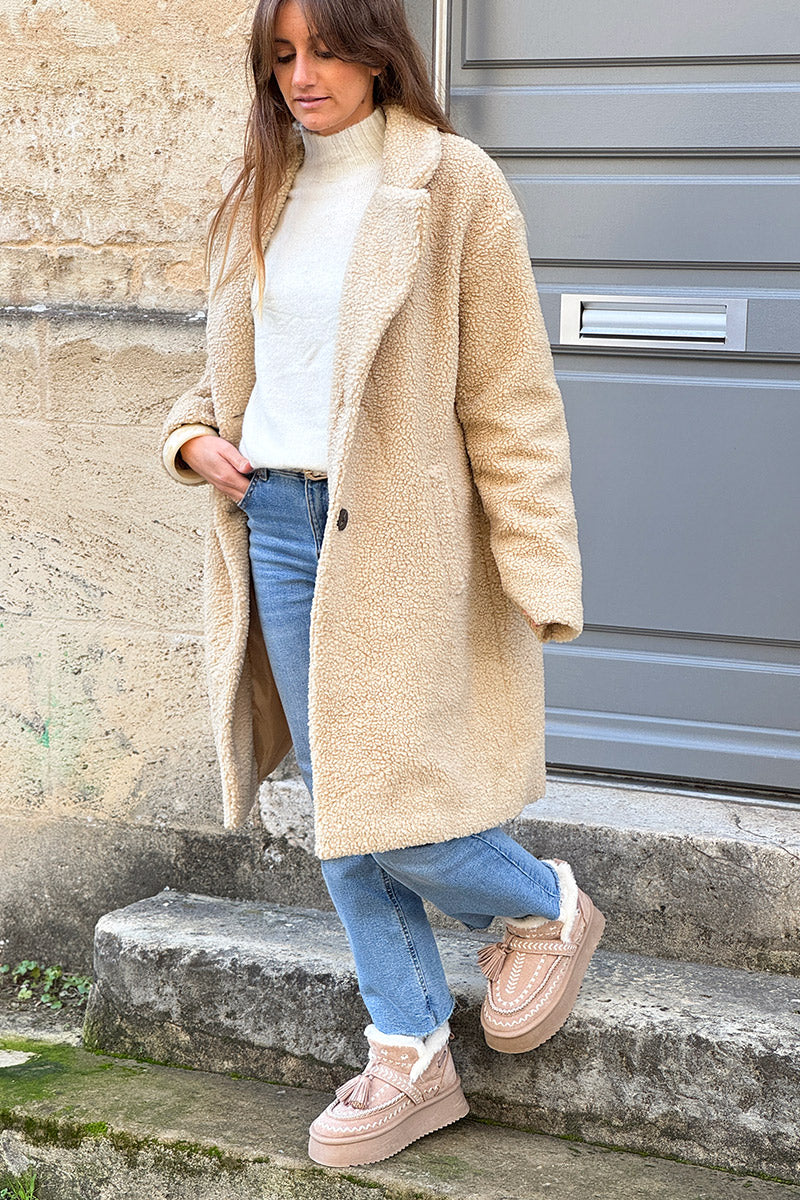 Beige Notched Collar Sherpa Coat