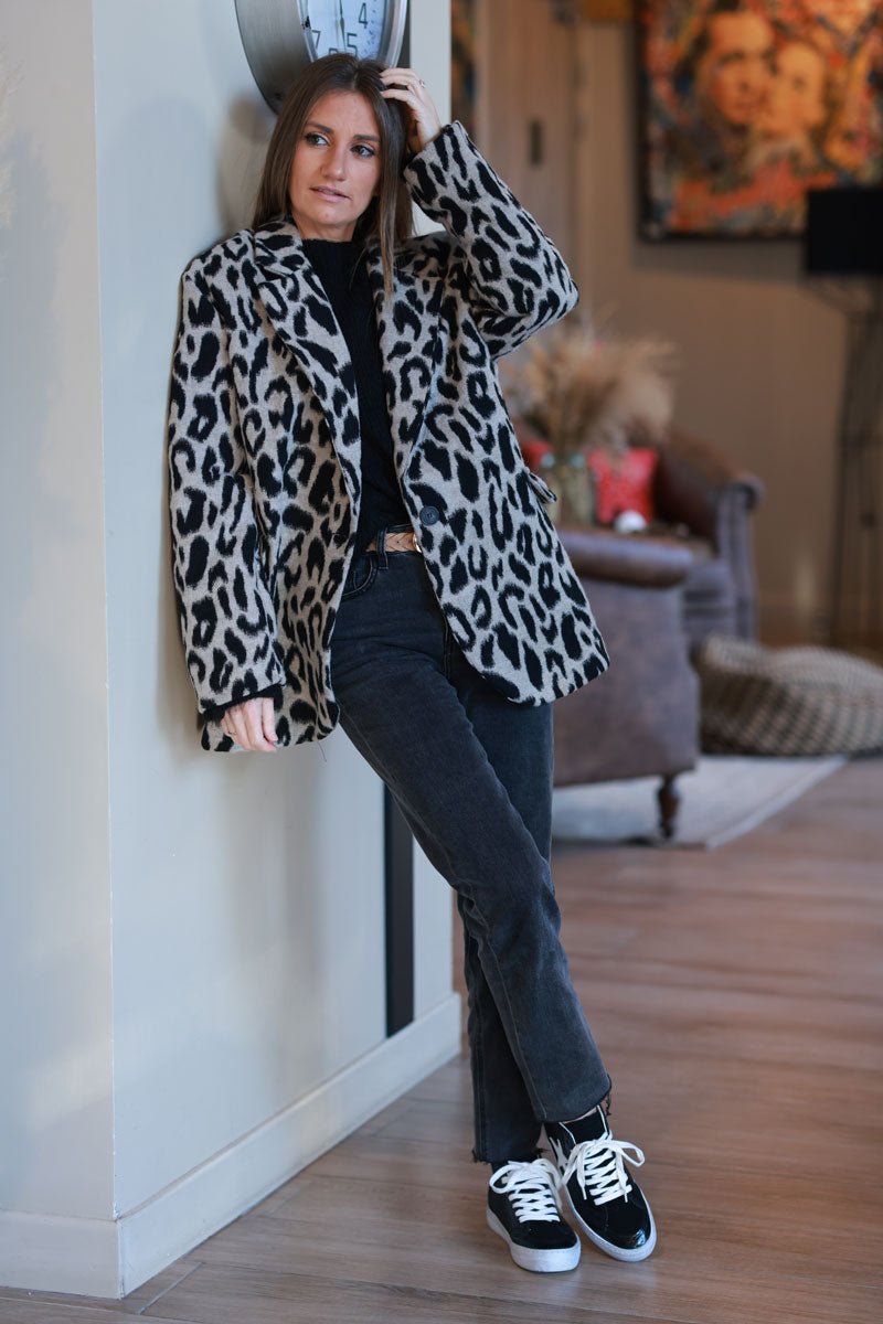 Leopard Print Wool Blend Coat 
