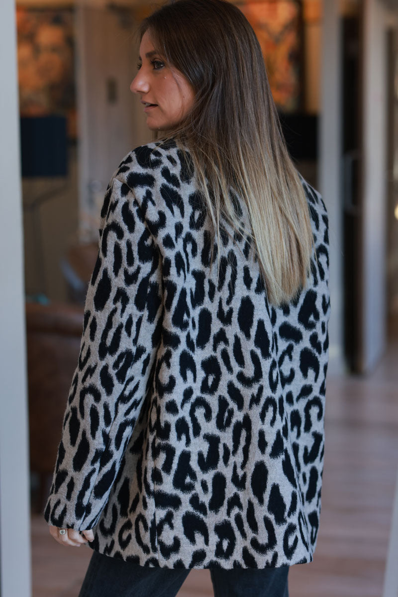 Leopard Print Wool Blend Coat 
