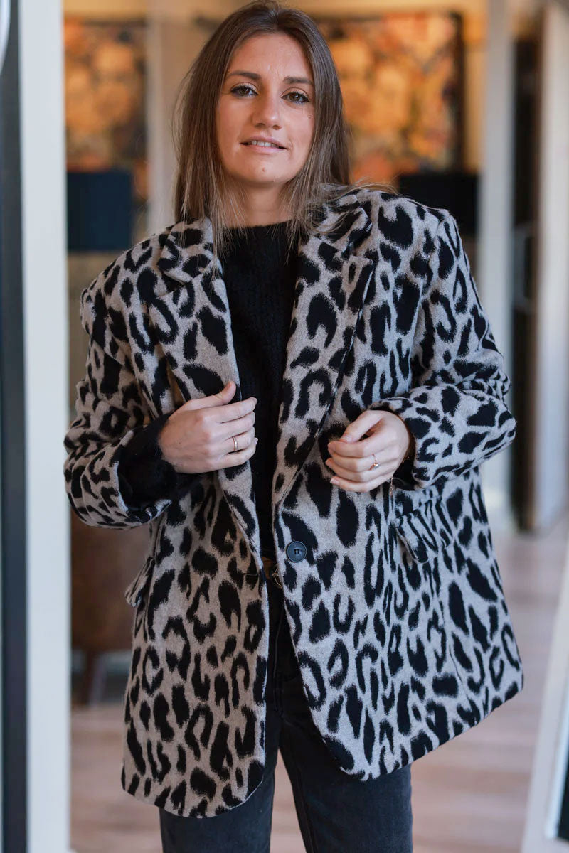 Leopard Print Wool Blend Coat 
