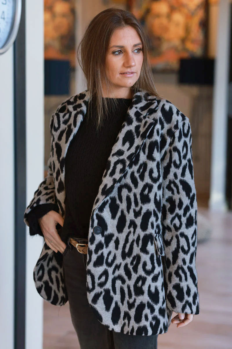 Leopard Print Wool Blend Coat 
