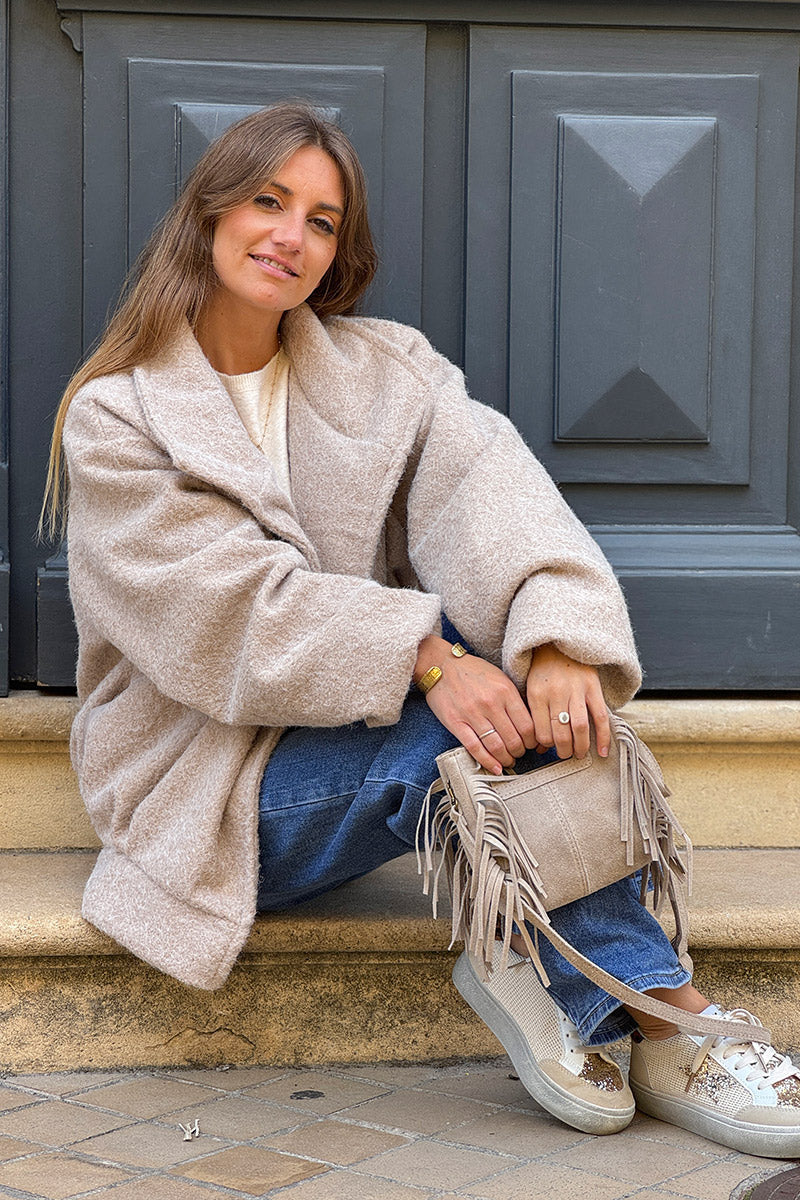 Manteau blouson beige en bouclettes style laine bouillie