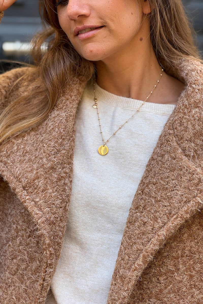 Camel Fuzzy Knit Casual Coat