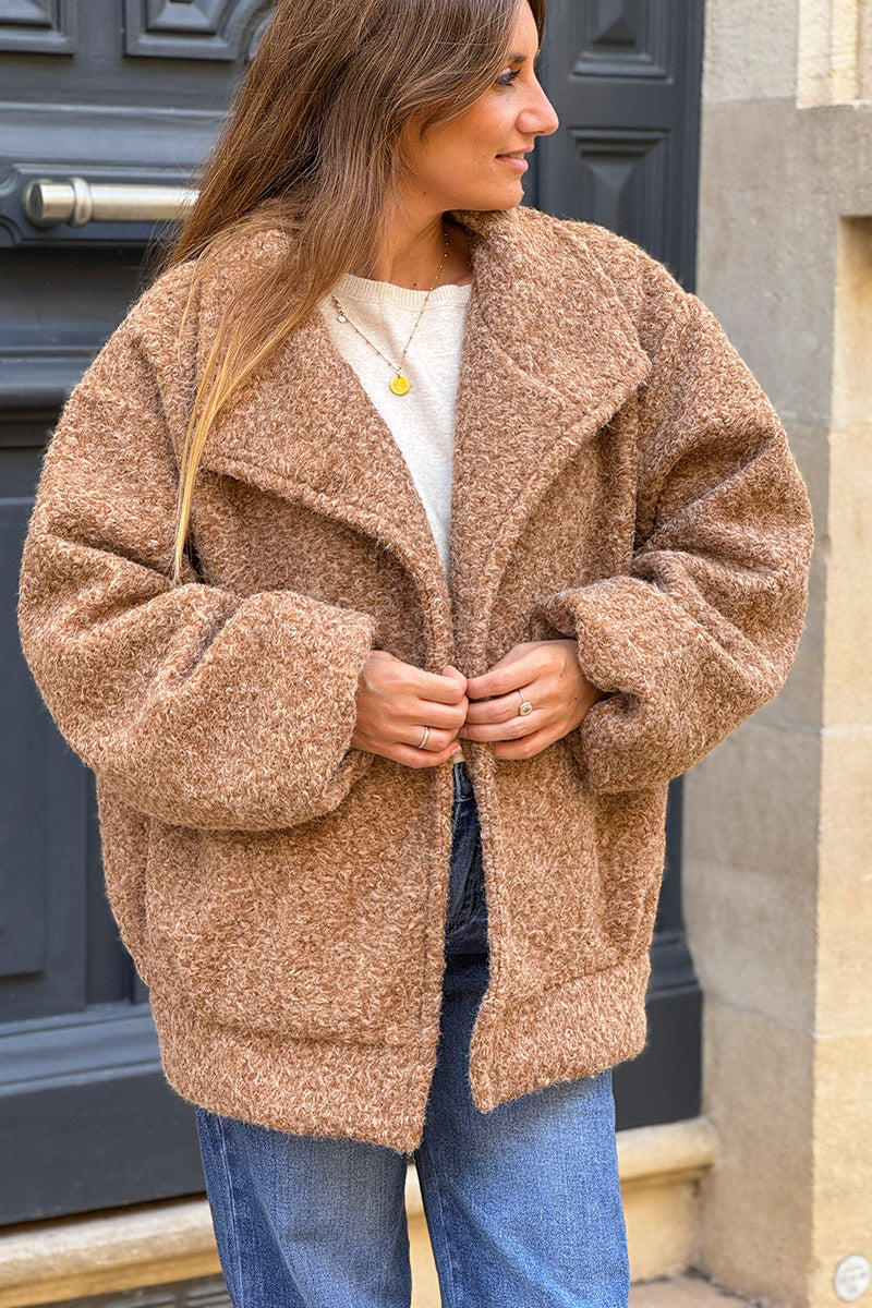Camel Fuzzy Knit Casual Coat