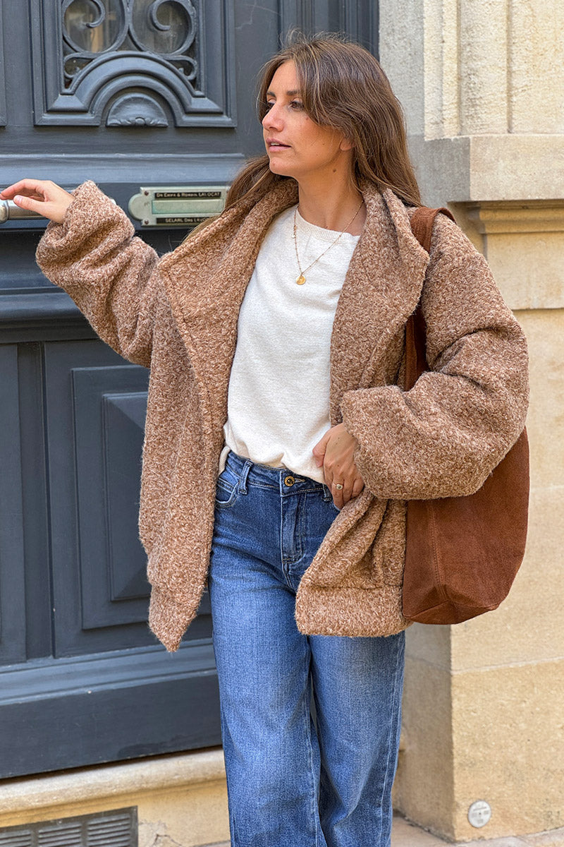 Camel Fuzzy Knit Casual Coat