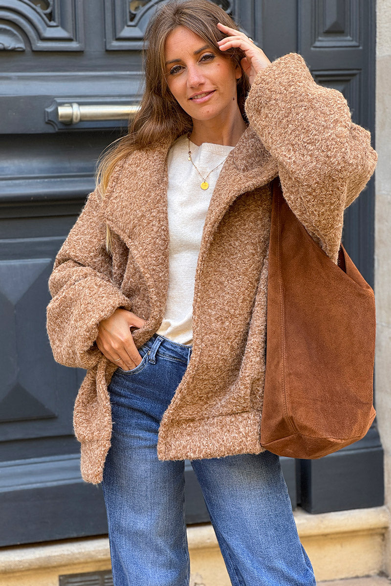 Camel Fuzzy Knit Casual Coat
