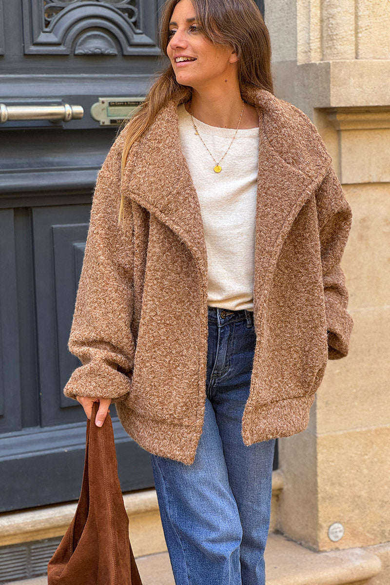 Manteau blouson camel en bouclettes style laine bouillie