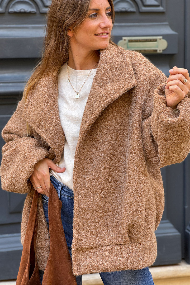 Camel Fuzzy Knit Casual Coat