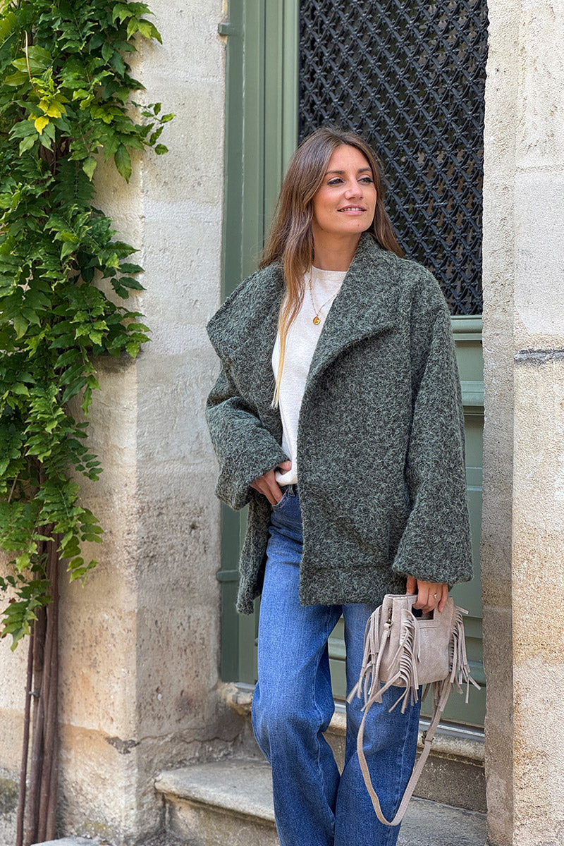 Olive Fuzzy Knit Casual Coat