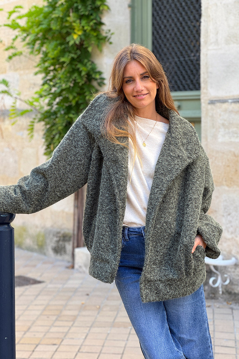 Olive Fuzzy Knit Casual Coat